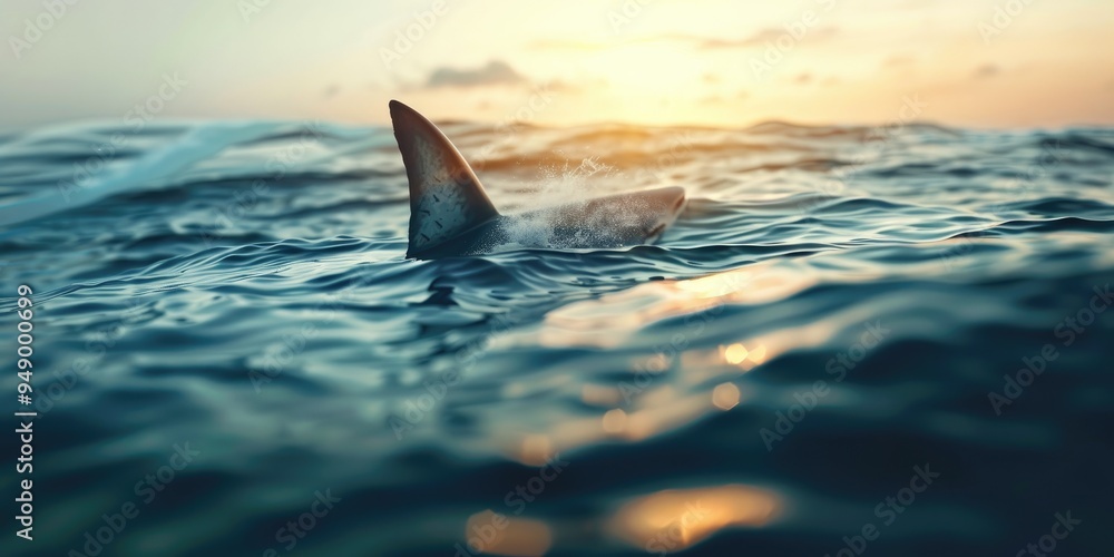 Fototapeta premium Photorealistic Image of Open Ocean with Shark Fin Breaching at Waterline Depth of Field Blur