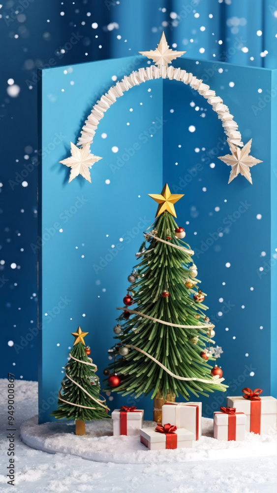 Obraz premium Three Dimensional Pine Tree Banner with Christmas Decorations