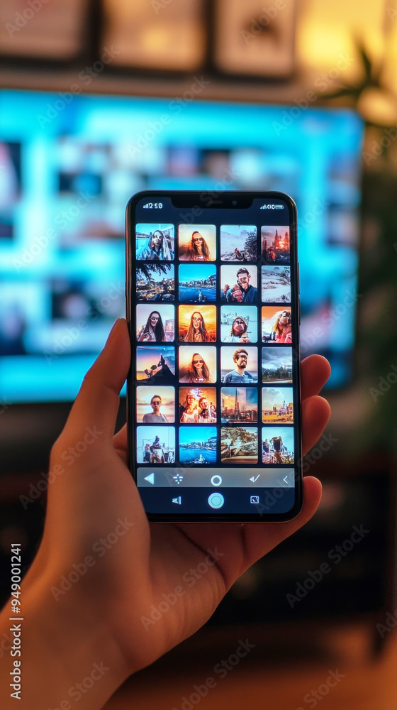 Person Holding a Smartphone With a Grid of Scenic Photos in a Cozy Living Room Person Holding a Smartphone With a Grid of Scenic Photos in a Cozy Living Room