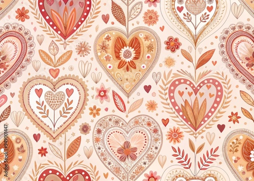 whimsical heart pattern print designs feminine fashion vintage romantic subtle pastel pink and white intricate motif