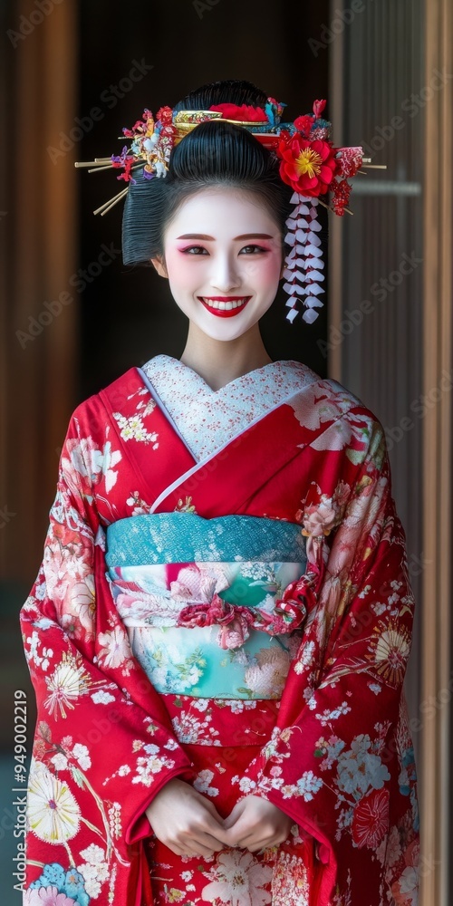 Traditional Japanese Woman in Kimono Smiles in Serene Kyoto Setting