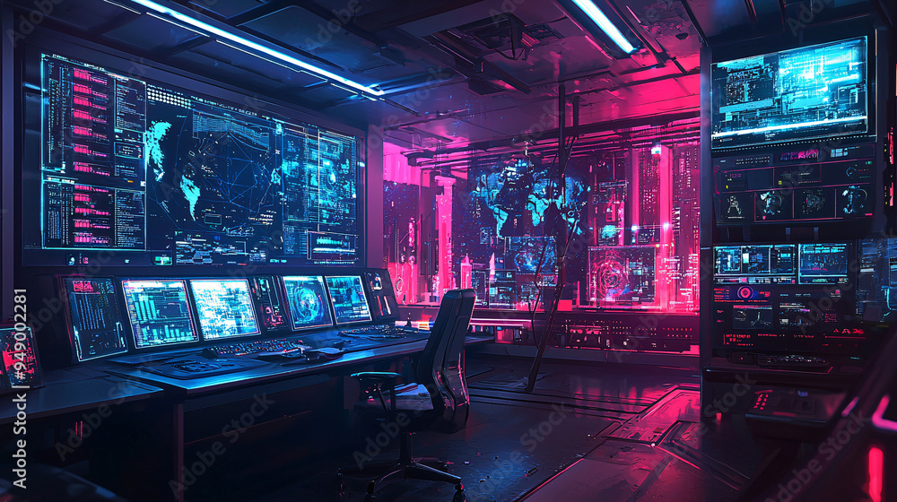 Neon-glowing control room with advanced holographic systems and voice-activated technology in a futuristic city, showcasing high-tech innovation Neon-glowing control room with advanced holographic systems and voice-activated technology in a futuristic city, showcasing high-tech innovation
