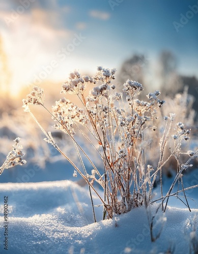 beautiful gentle winter landscape. frozen grass on snowy natural background. winter season, frosty cold weather. Winter background with flowers covered snow crystals glittering in sunlight
