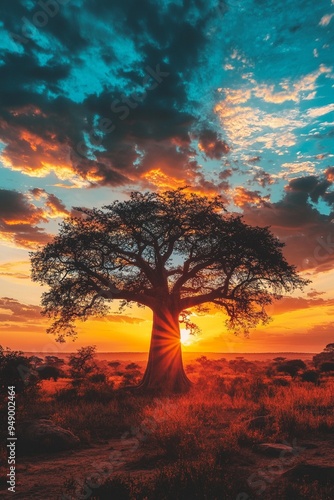 Majestic Baobab Tree Silhouette at Sunset in Vibrant African Landscape