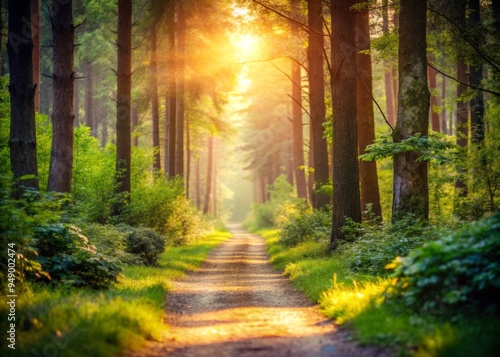 Whispering forest path sunlit background serene mood atmospheric style soft focus subtle lighting natural colors