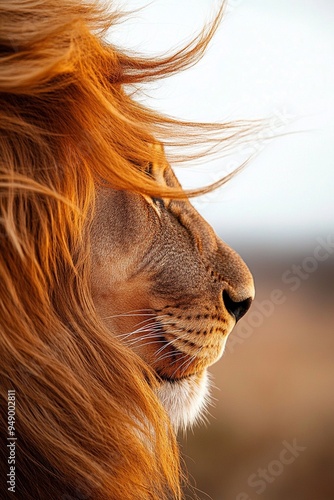 Majestic Lion Profile with Flowing Mane in Natural Habitat