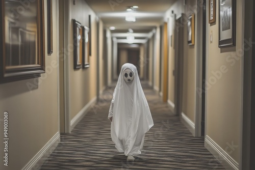 A cute sheet ghost in a hallway of a vintage retro hotel corridor