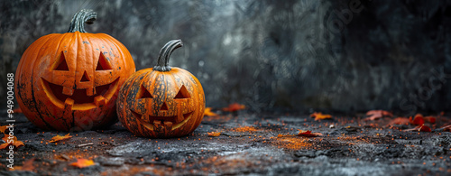 Two carved jack-o'-lanterns, with weathered textures and cheerful expressions, rest on a rough, autumnal ground covered with scattered leaves.
