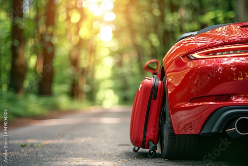 Red Convertible Car and Luggage on a Forest Road photo