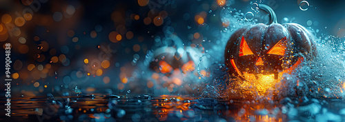 A glowing jack-o'-lantern emerges from splashing water, surrounded by vibrant bokeh lights in a dark, moody atmosphere.