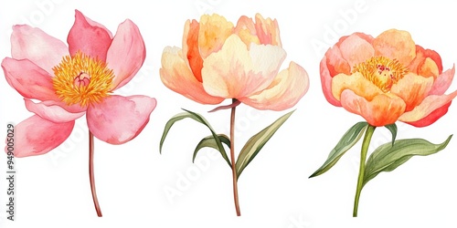 Fototapeta Naklejka Na Ścianę i Meble -  Watercolor peonies flower clipart, three different designs on a white isolated background