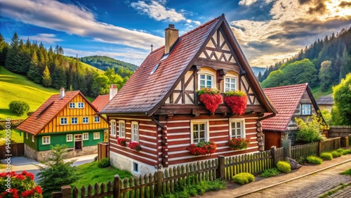 Colorful traditional Czech half-timbered house with steeply pitched roof and ornate wooden decorations set amidst lush greenery in a quaint rural village landscape.