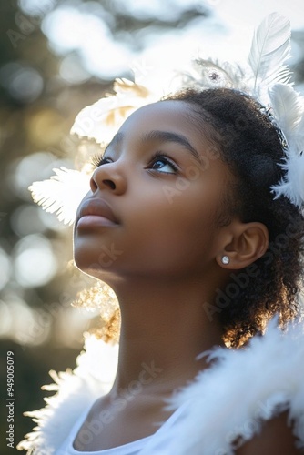 Dreamy Portrait of a Young Girl with Feathered Accessories in Soft Natural Light