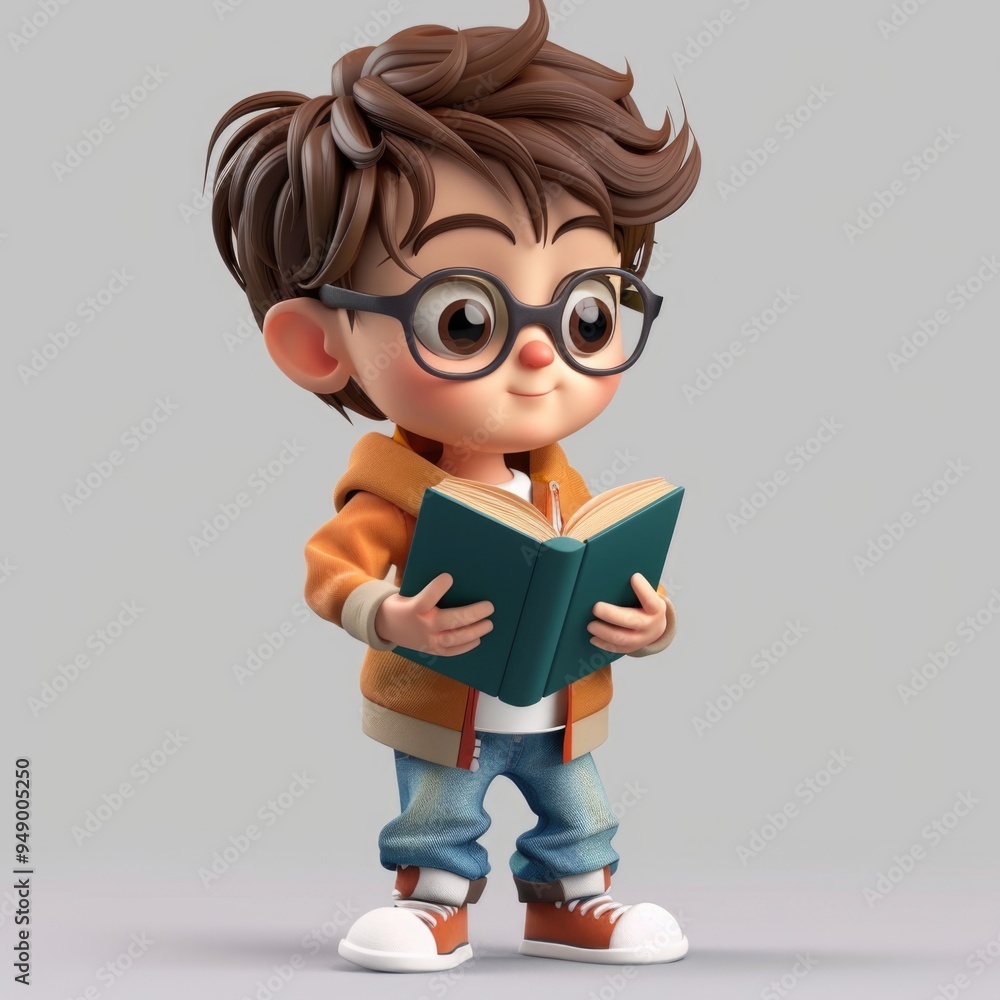 Curious young boy engrossed in reading a book, 3D cartoon character Curious young boy engrossed in reading a book, 3D cartoon character