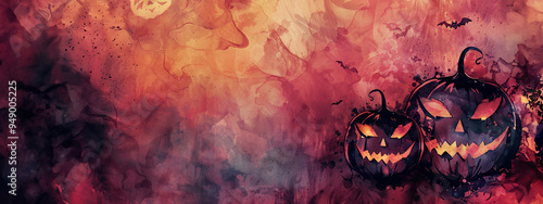 Two ominous jack-o'-lanterns with glowing faces are set against a watercolor-style background filled with shades of red, orange, and black.