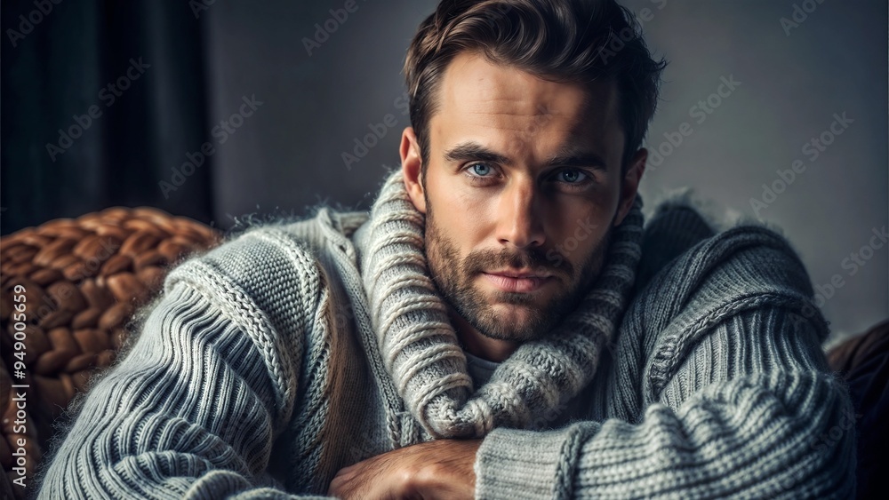 Attractive young man in a chunky knit sweater with serious look relaxing in a cozy armchair
Attractive young man in a chunky knit sweater with serious look relaxing in a cozy armchair