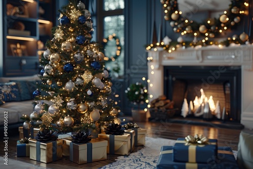 Festive Christmas Decor with Blue and Gold Christmas Tree and Presents