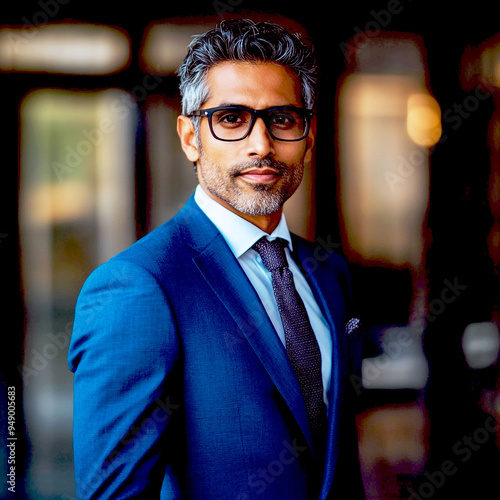 A portrait of a mid-40-year-old businessman in an office wearing glasses and a royal blue suit and tie, smiling into the camera.