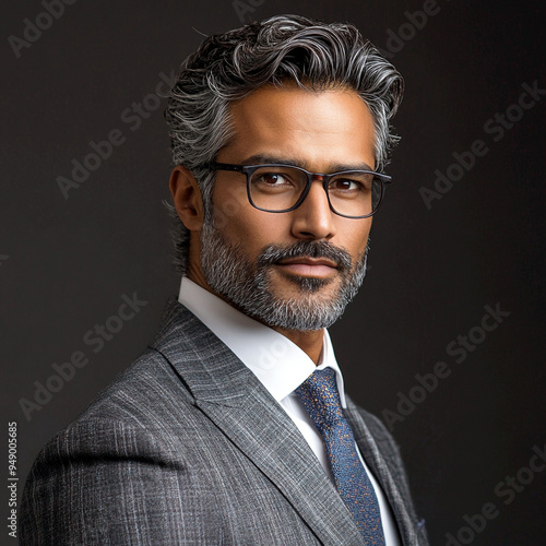 A professional headshot of a mid-to-late 40 year old businessman in a suit and tie, wearing glasses and with streaks of grey in his hair, standing in front of a plain black background