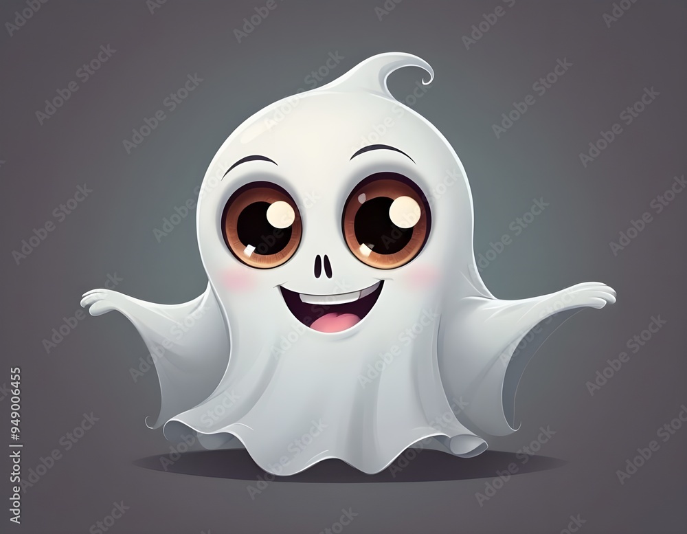 Fototapeta premium Cute cartoon ghost character with big eyes and a cheerful expression on a dark background Halloween