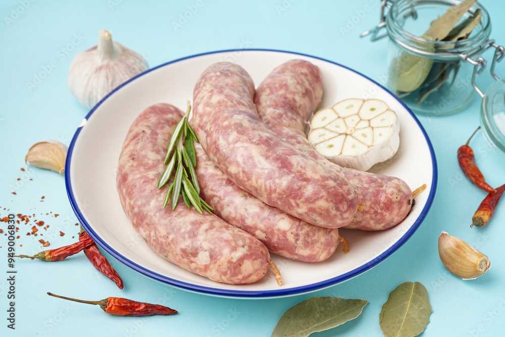 Plate with raw fresh sausages and spices on blue background, closeup Plate with raw fresh sausages and spices on blue background, closeup