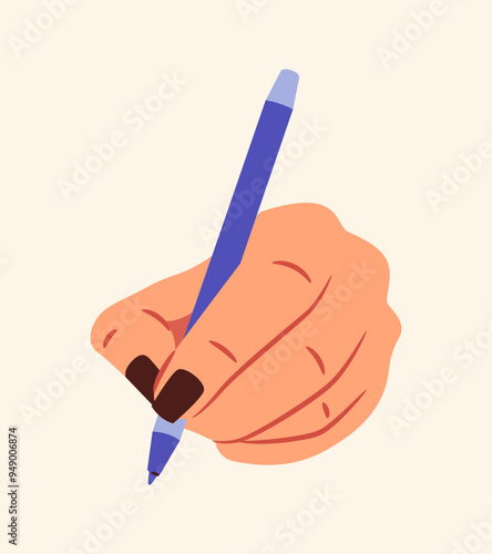 Hand holding pen concept. Arm with stationery. Tool for education in school. Equipment for writing. Flyer, booklet and leaflet. Flat vector illustration isolated on white background
