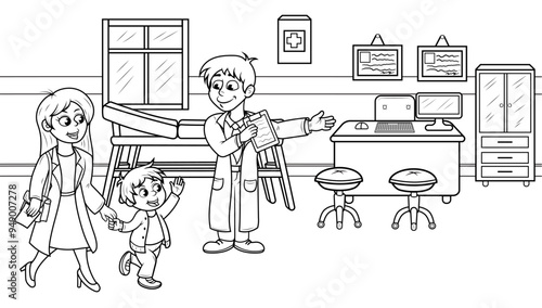 Madre e hijo haciendo una visita al Doctor para realizarse una revisión médica, ilustracion vectorial en blanco y negro.