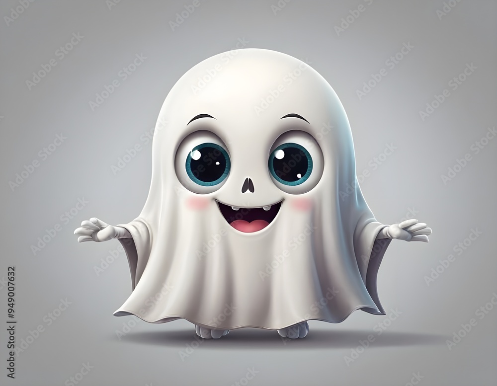 Obraz premium Cute cartoon ghost character with big eyes and a cheerful expression on a dark background Halloween