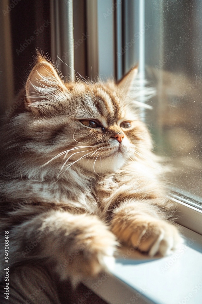 Relaxed Persian Cat Gazing Out the Window in Sunlight Relaxed Persian Cat Gazing Out the Window in Sunlight