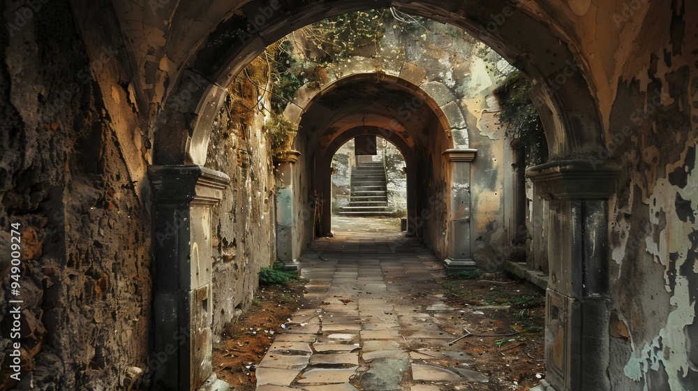 Fototapeta premium A long, narrow, dark tunnel with a stone archway