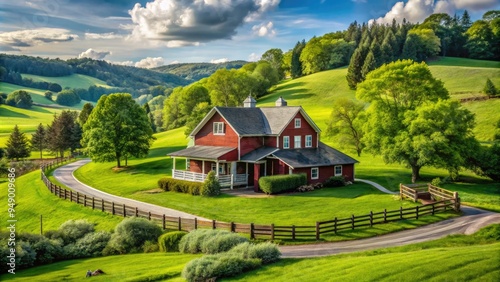 Cozy rustic farmhouse surrounded by lush green pastures, mature trees, and rolling hills, evoking a sense of peaceful rural living on a sprawling farm estate. photo