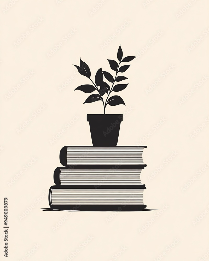 Minimalist design of a stack of books each represented by a simple rectangle with a small plant on top Minimalist design of a stack of books each represented by a simple rectangle with a small plant on top