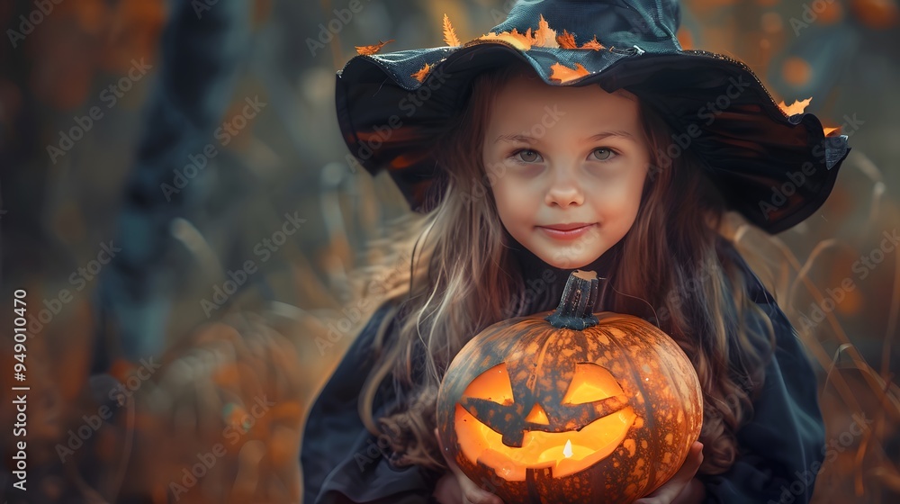 Fototapeta premium Portrait of kid wearing witch halloween costume with pumpkin