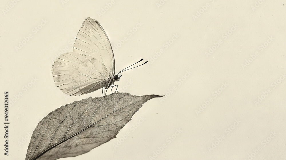 Obraz premium Black-and-white photograph of butterfly perched on leaf against white backdrop, wings spread wide