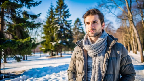 Young man in a pensive mood standing in a winter landscape with snow and trees