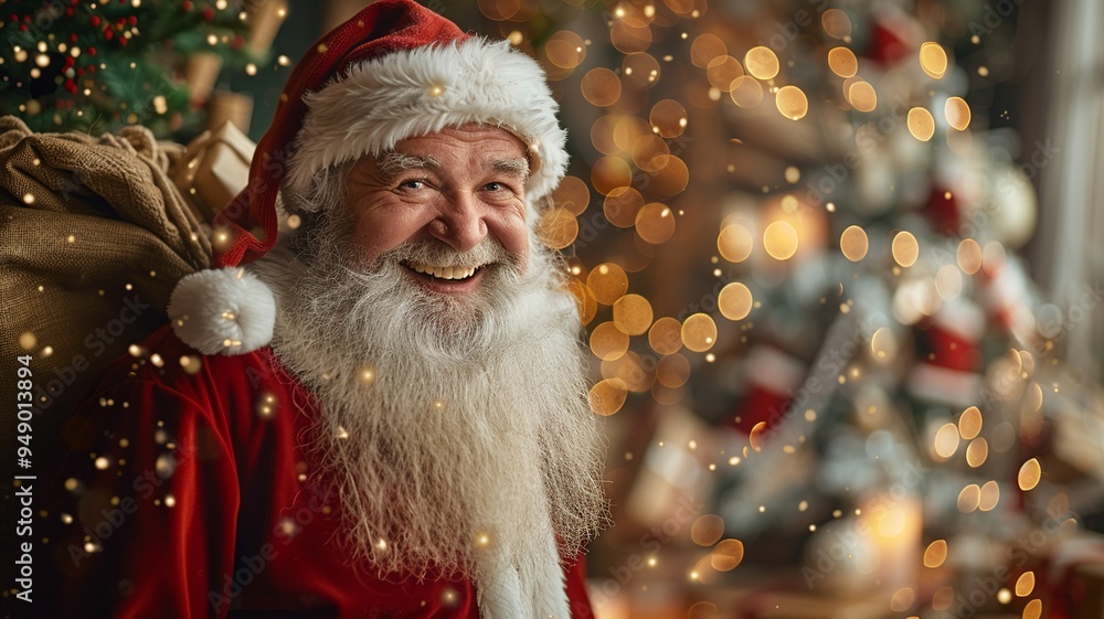 This delightful scene features a smiling Santa Claus dressed in his traditional attire, surrounded by colorful presents and holiday decor, creating a cozy atmosphere filled with laughter and joy. This delightful scene features a smiling Santa Claus dressed in his traditional attire, surrounded by colorful presents and holiday decor, creating a cozy atmosphere filled with laughter and joy.