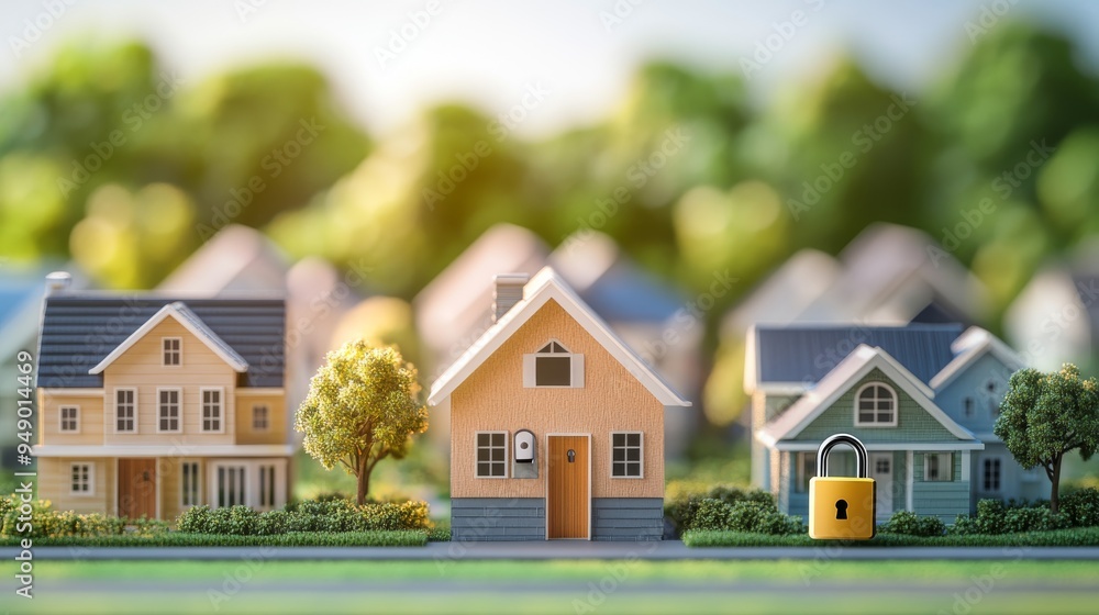 Suburban Neighborhood with House and Lock Symbol Suburban Neighborhood with House and Lock Symbol