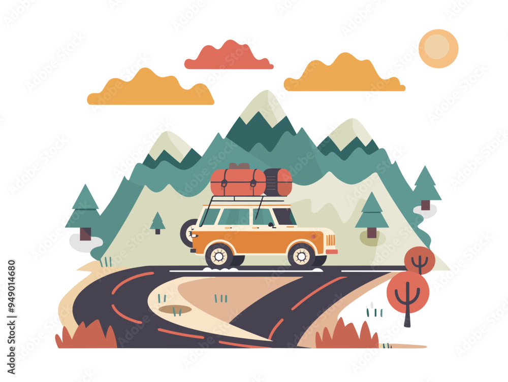 Naklejka premium Car on the road in the mountains. Flat style vector illustration.