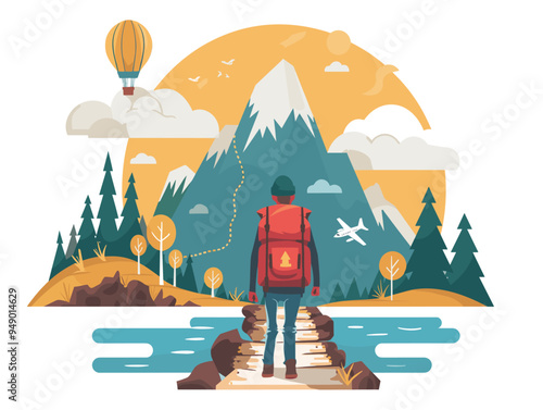 A man is walking on a bridge over a river with a mountain in the background. He is wearing a red backpack and a green hat. The scene is peaceful and serene, with the man looking ahead