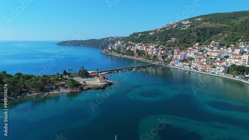 greece peloponnese region gytheio town lighthouse coastal houses chapel and boats aerial view 4k footage photo