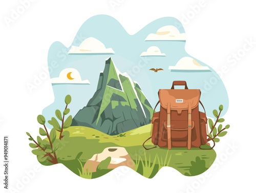 Hiking, camping, trekking vector illustration. Hiking equipment, backpack and mountains in the background.