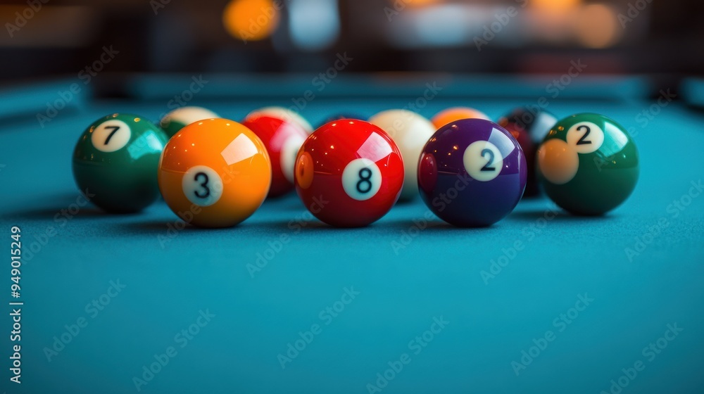Close-up of billiard balls on a green felt table Close-up of billiard balls on a green felt table