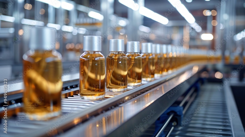 Cosmetic bottles on conveyor belt Cosmetic bottles on conveyor belt