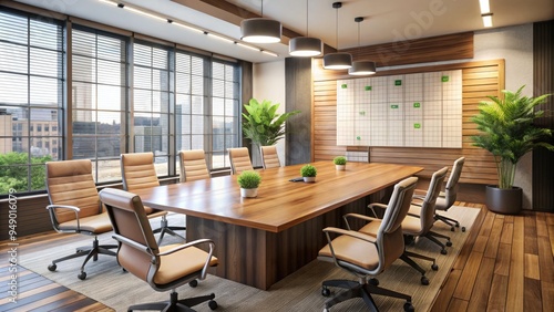 A clutter-free conference room with a large wooden table, comfortable chairs, and a whiteboard displaying a detailed project timeline and action items.