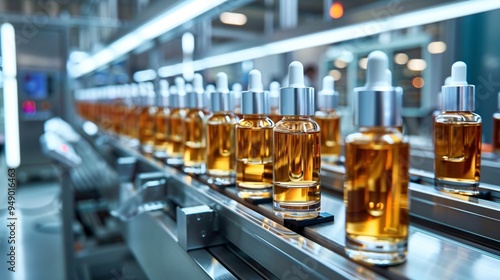 Cosmetic bottles on assembly line