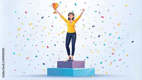 A confident smiling woman stands on a pedestal, arms raised in triumph, surrounded by colorful confetti and trophies, symbolizing achievement and success in a bright vector illustration. photo