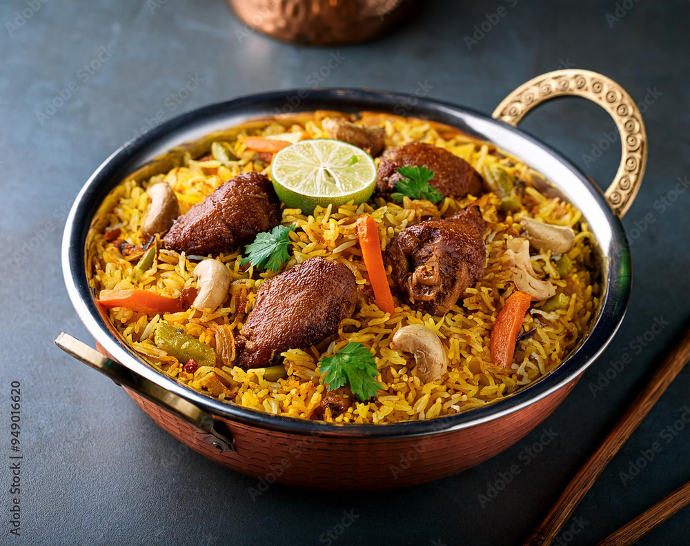 Biryani in a big steel pot with chicken, beef and vegetables Biryani in a big steel pot with chicken, beef and vegetables