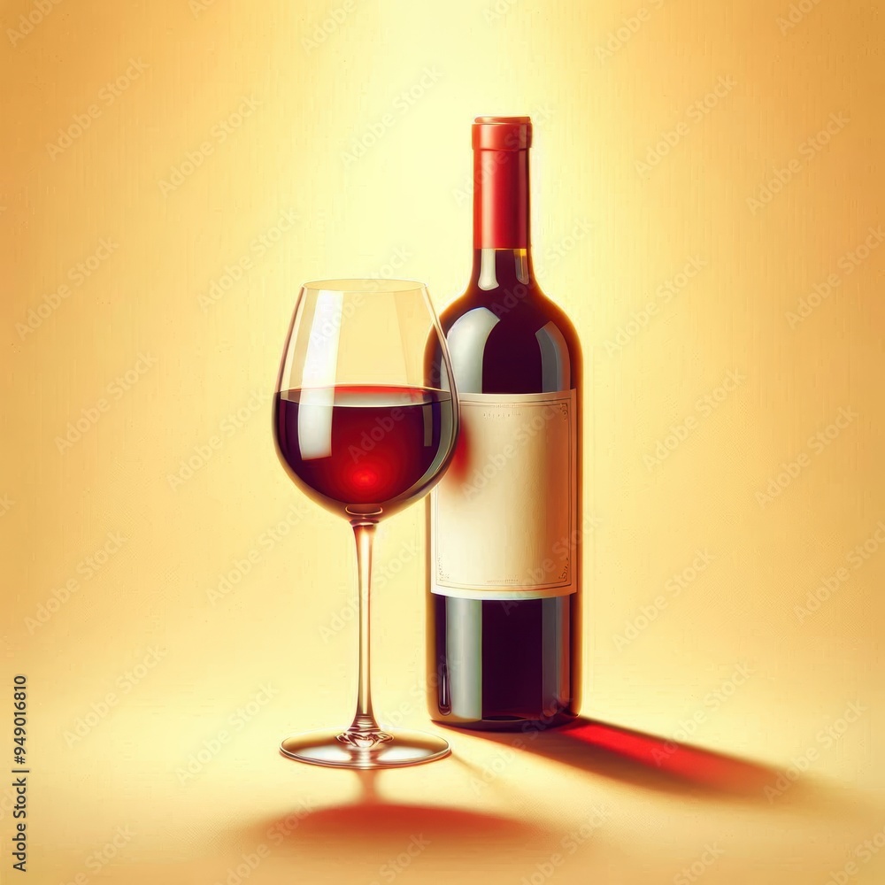 Wine bottle and wine glass on a table, a flat design with simple shapes against a yellow background A cartoon style with bright colors for an advertising banner or website element Wine bottle and wine glass on a table, a flat design with simple shapes against a yellow background A cartoon style with bright colors for an advertising banner or website element