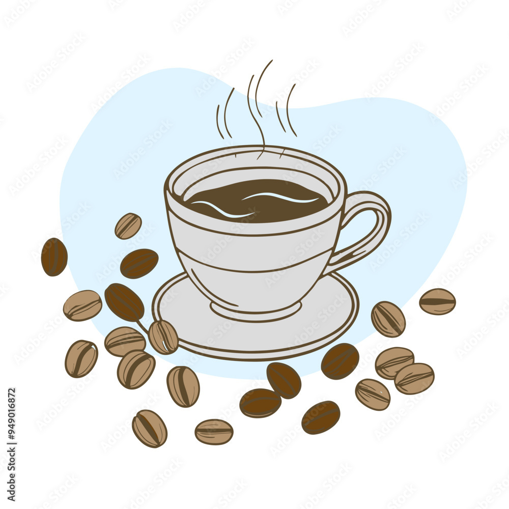 Obraz premium Cup of hot coffee surrounded by roasted coffee beans and steam rising