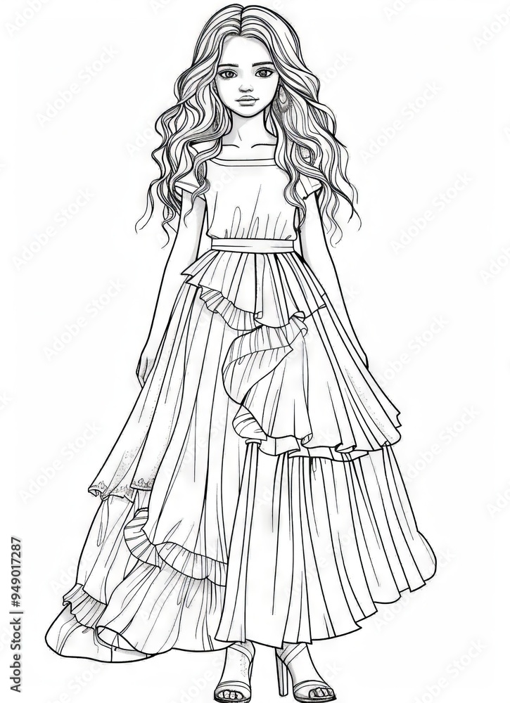 Fototapeta premium A girl in a long dress coloring page